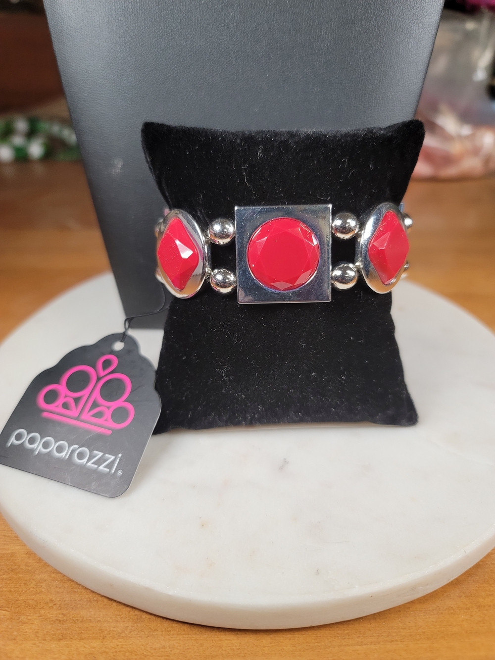 paparazzi Bold Red Faceted Stretch Bracelet with Silver Accents